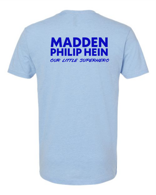 Superhero Madden - Heather Blue Next Level CVC T-shirt +BACK PRINT