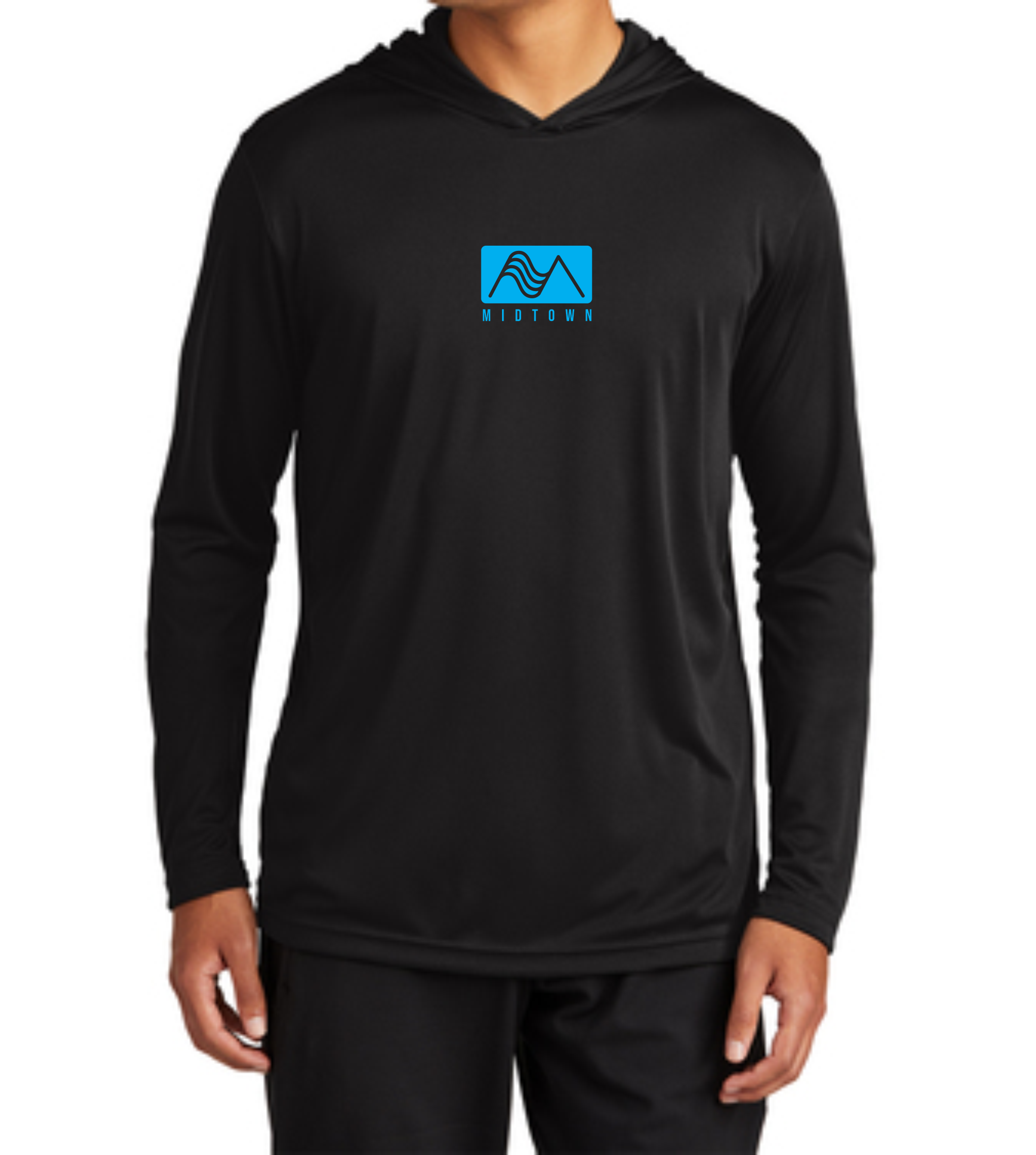 Midtown Black Sport-Tek® Hooded Long Sleeve PosiCharge (alt center + sleeve print)