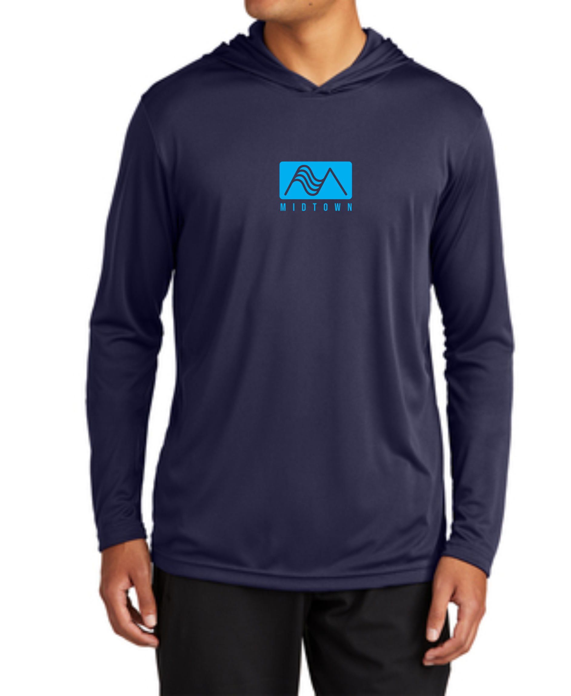 Midtown Navy Sport-Tek® Hooded Long Sleeve PosiCharge (alt center + sleeve print)