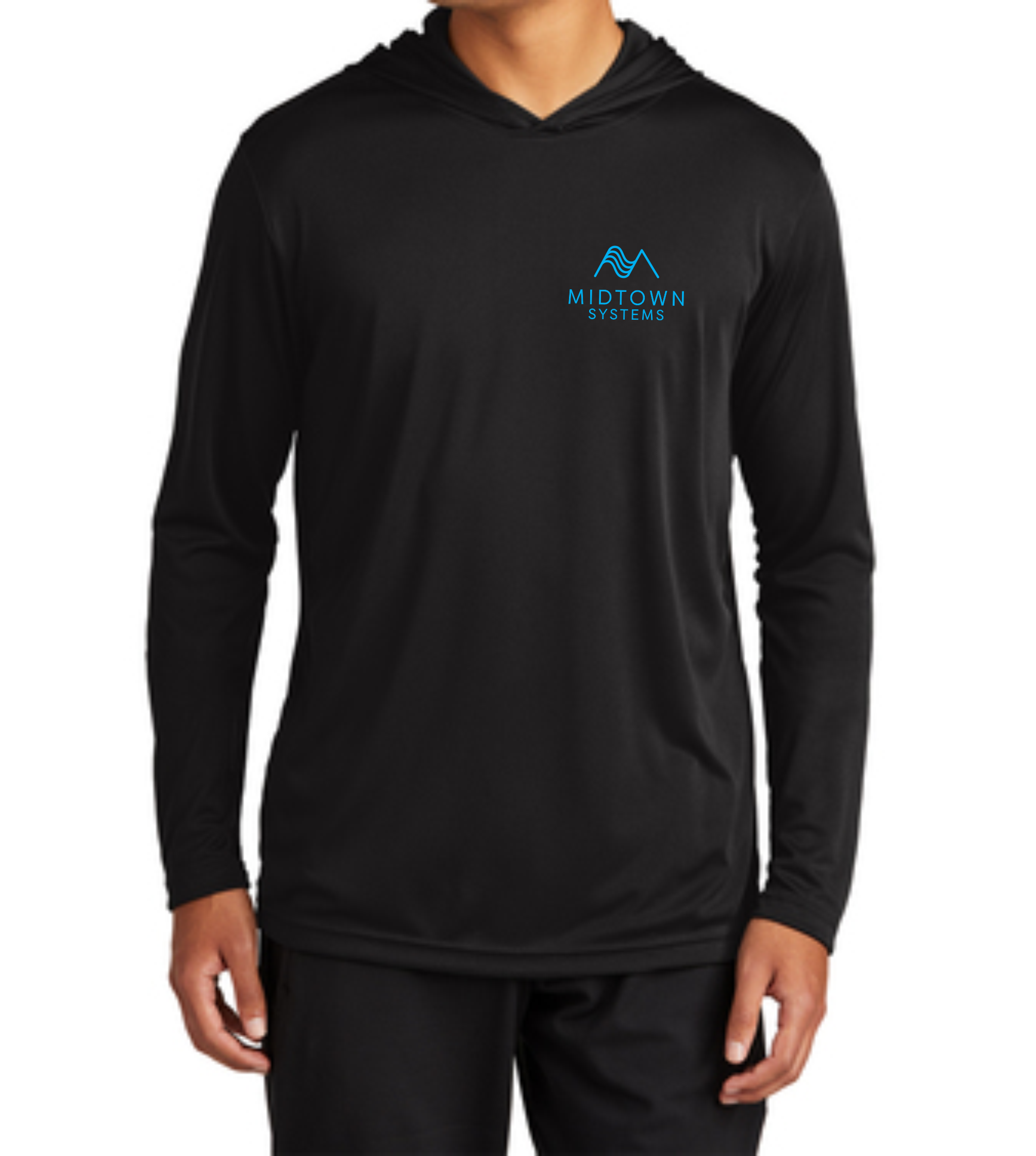 Midtown Black Sport-Tek® Hooded Long Sleeve PosiCharge + sleeve print