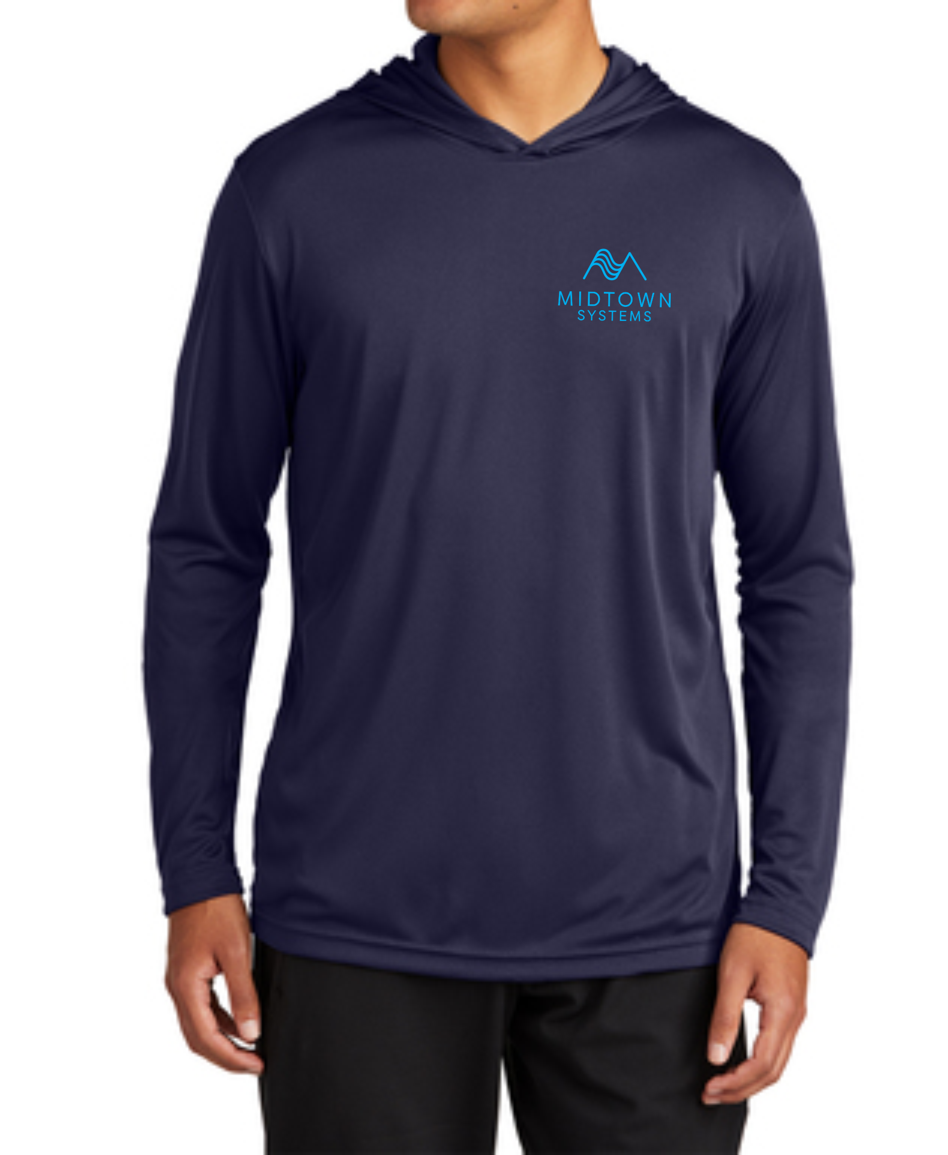 Midtown Navy Sport-Tek® Hooded Long Sleeve PosiCharge + sleeve print